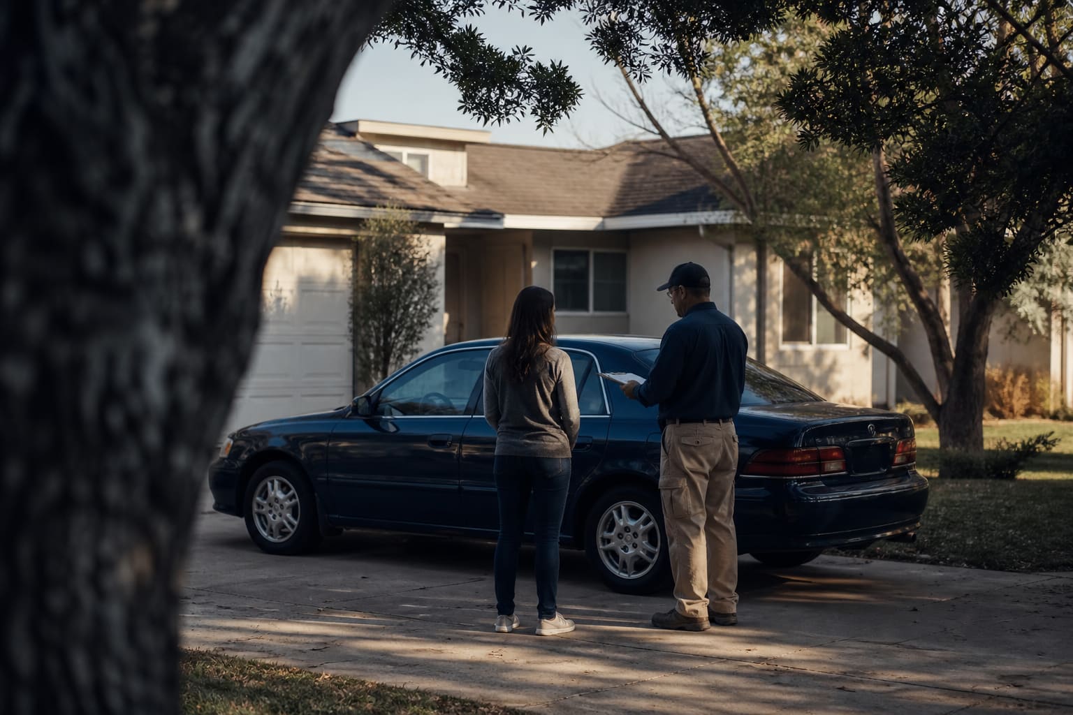 A quiet driveway meeting beside a used car