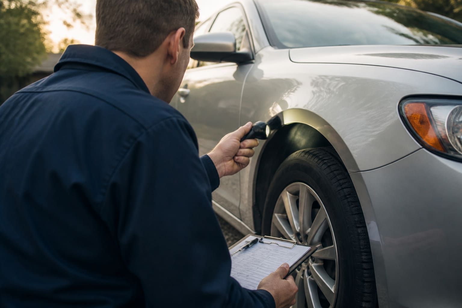 An inspector checking a used car in a driveway